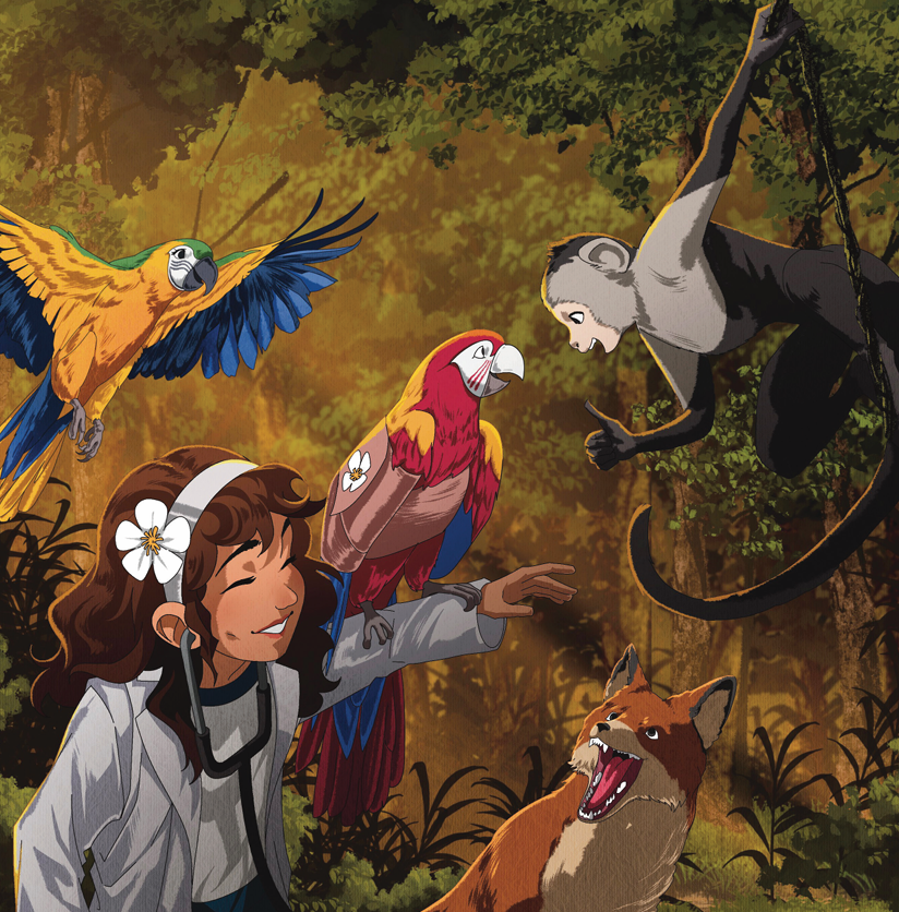 Annette using her stethoscope on a calm black panther in the sunlit jungle.